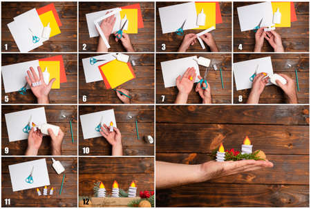 How to make christmas candle from color paper with children. Step by step instructions. Handmade DIY new year holiday decoration project. Top view.の写真素材