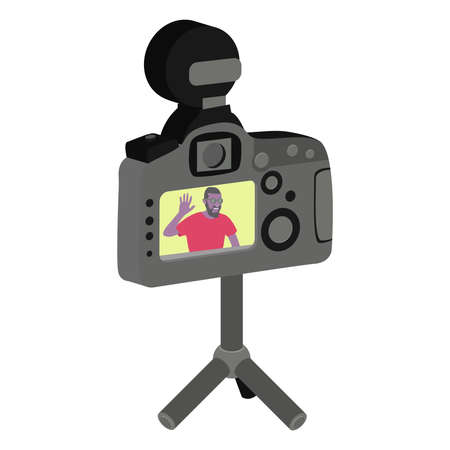 Blogger podcaster streaming. Man writing material to blog, reviewing for online journal or website content, posting short video to vlog, recording program.のイラスト素材