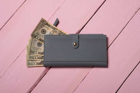 Female wallet with banknotes. Leather wallet with dollar bills.