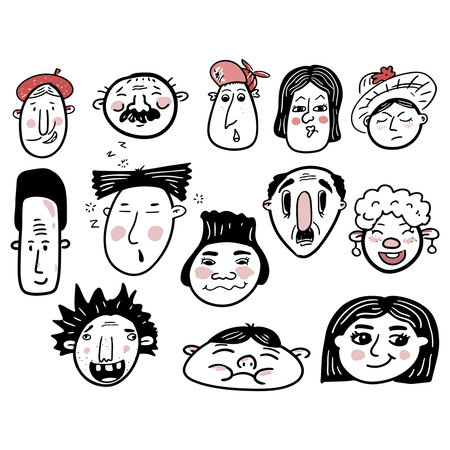 Hand drawn human faces doodle set. Collection of pen ink pencil drawing sketches of young old men women boys girls facial expressions. Illustration different age generation.のイラスト素材