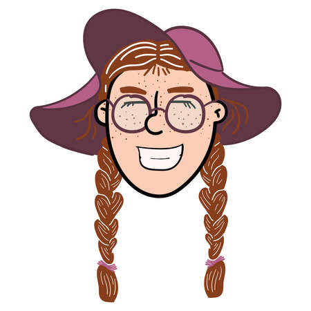 Beautiful teenager girl with red hair and glasses hand drawn sketch. Vector illustration of a cute little girl with pigtails smiling.のイラスト素材
