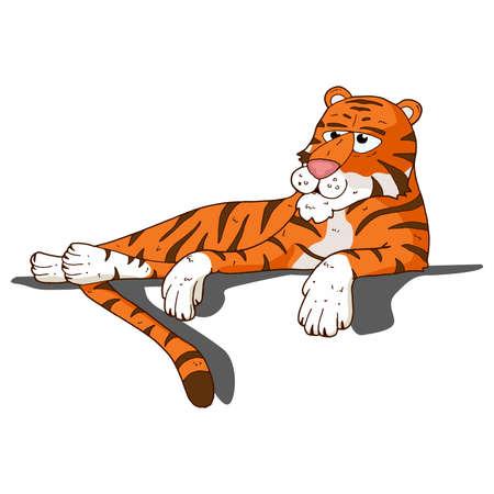 Cute cartoon striped tiger. Printing for children's T-shirts, greeting cards, posters. Hand-drawn vector illustration isolated on a white.のイラスト素材
