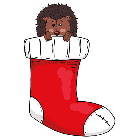 Christmas sock with hedgehog toy. Vector illustration of a Christmas sock with a children's gift. New Year's gift sock with a gift.のイラスト素材