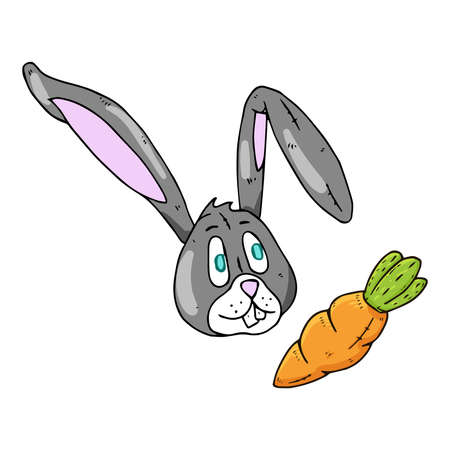 Hare with carrot. Vector illustration of a toy hare with carrot. Hand drawn bunny with a carrot.のイラスト素材