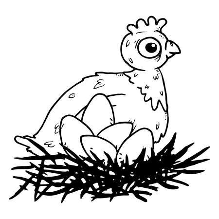 Chicken in the nest sketch drawing. Vector illustration of a chicken in the nest.のイラスト素材
