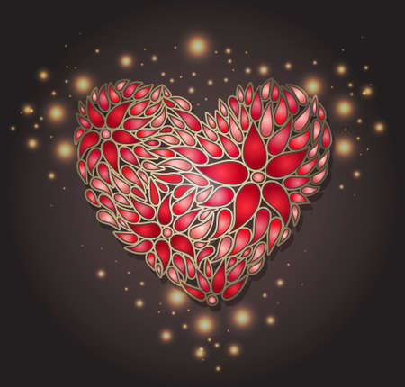 Valentines day background. Floral heart and gold sparkles. Hand drawn doodle abstract floral heart.のイラスト素材