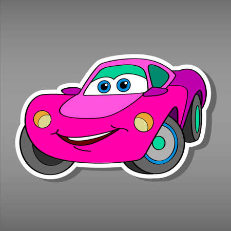 Cartoon pink car sticker for girls.Vector illustration for scrapbook.Transportation Applique Background. Funny smile pink car in paper cut style. Comic character for textile. Car on Valentine's Day.のイラスト素材