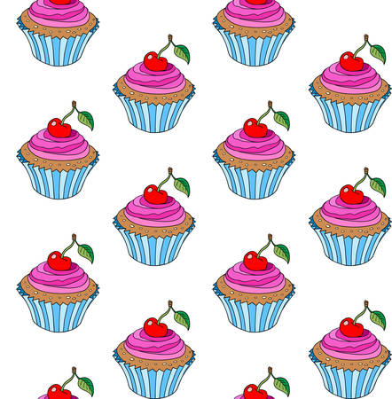 Doodle cupcake pattern with cherry. Line art illustration isolated on white background. Hand drawn outlined cupcakes background. The muffin seamless texture. Coloring book for kidsのイラスト素材