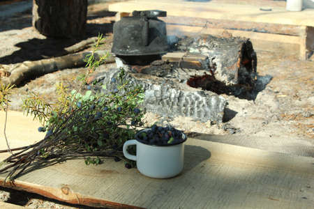 Blueberries on the background of the fire with a kettle.の写真素材