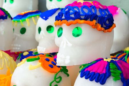 The skulls have many colors on their heads.の写真素材