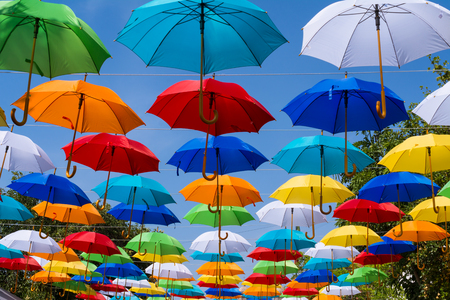 There are many colored umbrellas.の写真素材