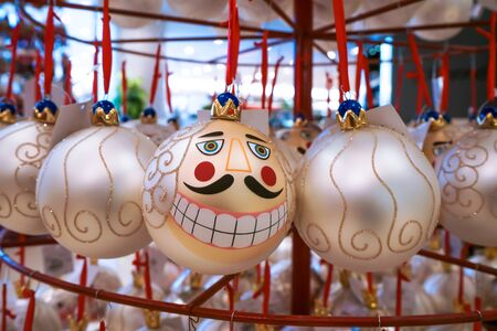 The spheres are hung on the furniture in the Christmas ornaments shop.の写真素材