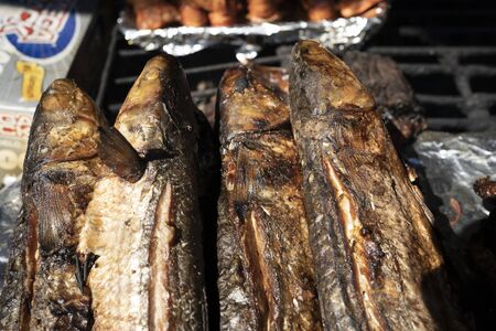The fish are chilling on the side of the grill.の写真素材