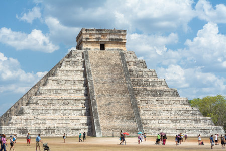 Chichen Itza Yucatan Mexico - April 10, 2017: Everywhere you look there are many tourists at the pyramid of Chichen Itza.のeditorial素材