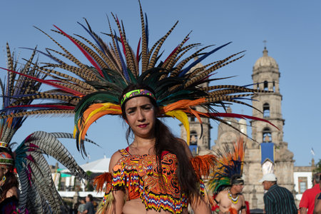 Zapopan Jalisco Mexico - October 13, 2019: Aztec dancer is sweating a lot after dancing at Zapopan Virgin party.のeditorial素材