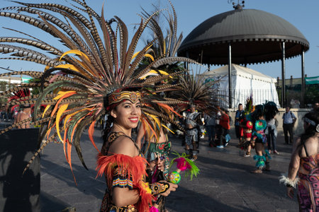 Zapopan Jalisco Mexico - October 13, 2019: Aztec dancer is smiling at the feast of the Virgin of Zapopan.のeditorial素材