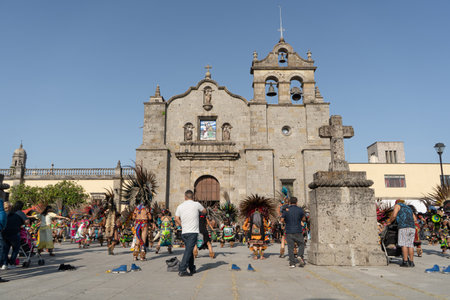 Zapopan Jalisco Mexico - October 13, 2019: The dancers are in front of the church at the feast of the Virgin of Zapopan.のeditorial素材