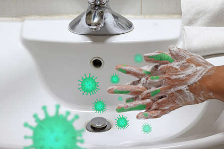 Coronavirus pandemic prevention wash hands with soap warm water,concept To prevent the covid-19の写真素材