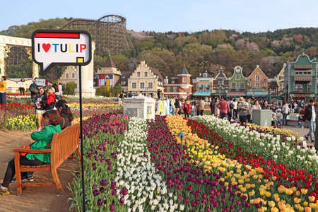 Gyeonggi, South Korea, April 22, 2019: Beautiful tulip and tourists on holidayのeditorial素材