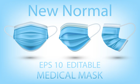 Realistic medical face mask. Details 3d medical mask. Vector illustration, 3 angles medical mask, corona virus protection,  COVID-19 coronavirus disease outbreak vector illustration.のイラスト素材