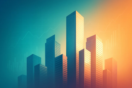 Modern cityscape with skyscrapers and financial charts. Vector illustrationの素材