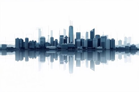 Abstract blue city with reflection on white background. 3D rendering.の素材