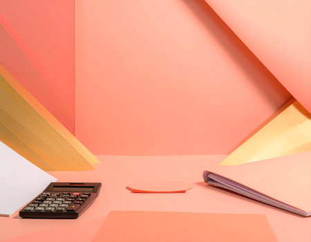 notebook and calculator on pink and orange background, education and business conceptの素材