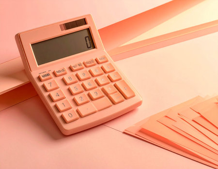 Calculator and paper sheets on a pink background, business conceptの素材