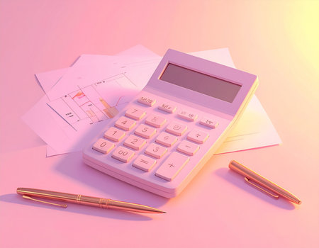 Calculator with documents and pen on pink background. 3d renderingの素材