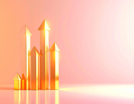 3d rendering of a gold arrow in a row on a pink backgroundの素材