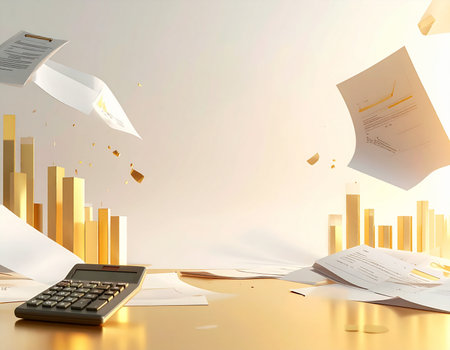 Business graph with calculator and documents flying in the air. 3d renderingの素材