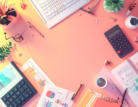 Office desk table with supplies. Flat lay, top view, copy spaceの素材