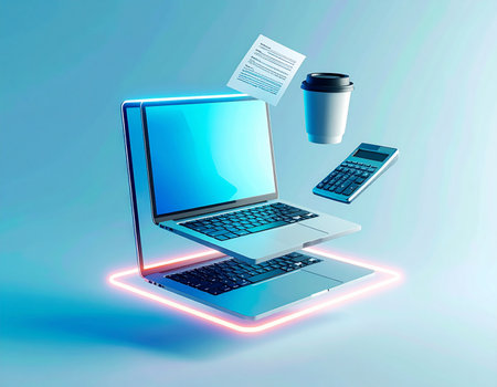 Laptop computer with coffee cup and calculator on blue background 3D renderingの素材