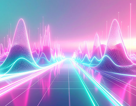 abstract background with neon lights and wave lines, 3d renderの素材