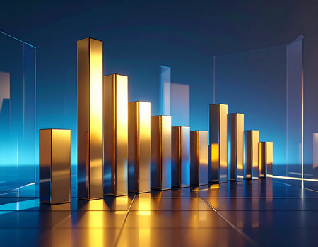 3d render of golden bar chart on blue background. Business growth conceptの素材