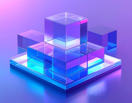 3d render, abstract background with transparent cubes, blue and violet colorsの素材