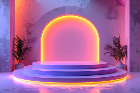 3d render, abstract minimal scene with podium, neon light and plantsの素材