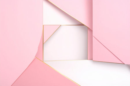 Abstract geometric background made of pink and white paper sheets with golden frameの素材