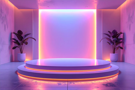 3d render of minimal scene with podium, neon light and plantsの素材