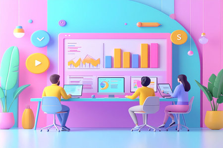 Business people working in the office, 3d rendering. Computer monitor with charts and graphs.の素材