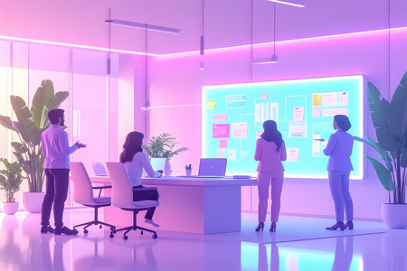 Business people in modern office interior with blank whiteboard on the wall. 3D Renderingの素材