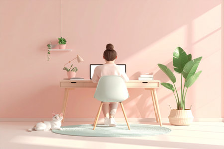 Young woman working at home office. Workplace concept. 3D Renderingの素材