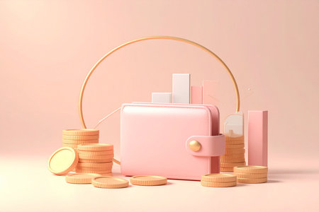 purse and coins on a pink background. 3d rendering.の素材