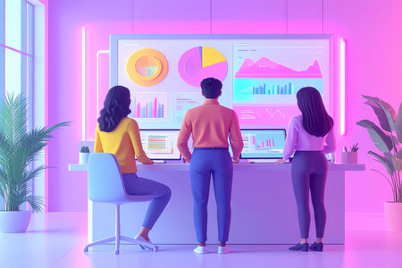 Group of young business people working in modern office. Teamwork concept. 3D Renderingの素材