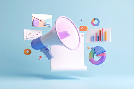 Megaphone and business icons on blue background. 3D rendering Modern digital business backgrounds featuring layered gradients and elegant corporate elements.の素材
