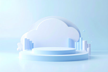 3d render of podium with cloud and cityscape on blue background Elegant 3D Colorful Business Flow Luxury Gradient Corporate Space Collection Elegant 3Dの素材