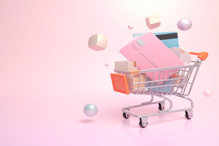 Shopping cart with shopping bags, credit card, credit card and shopping bag in pink pastel background. 3d renderingの素材