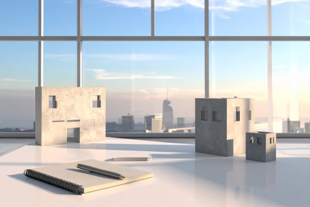 interior of modern office with city view, 3d render illustrationの素材