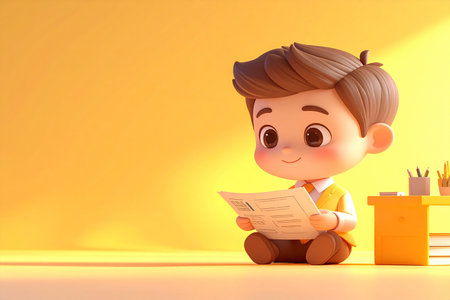 3D illustration of a cute boy reading a newspaper sitting on the floorの素材