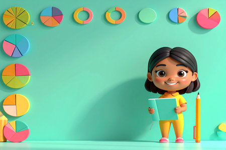 3D Render of Little Girl with pie chart and pie chart backgroundの素材
